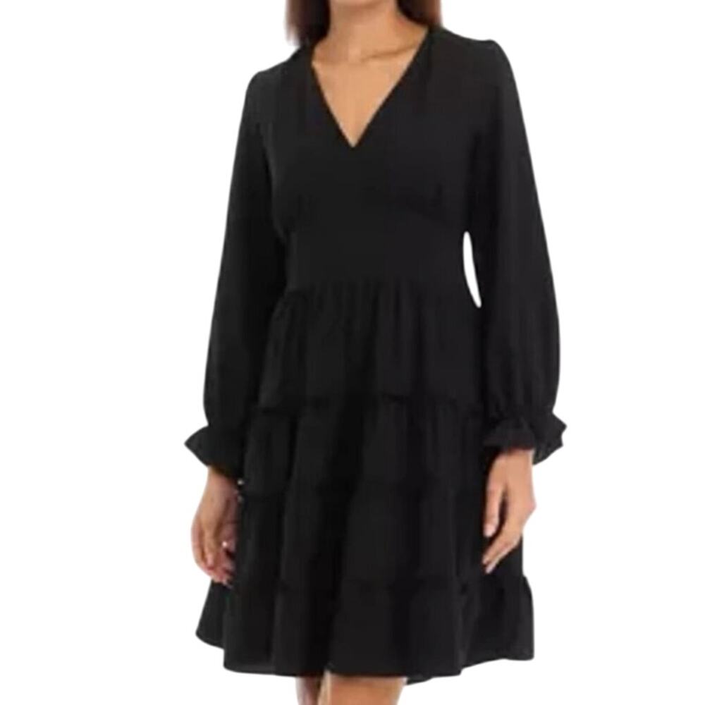 EMMA & MICHELE Long Sleeve V-Neck Ruffle Babydoll Chiffon Dress Black - 20W NWT